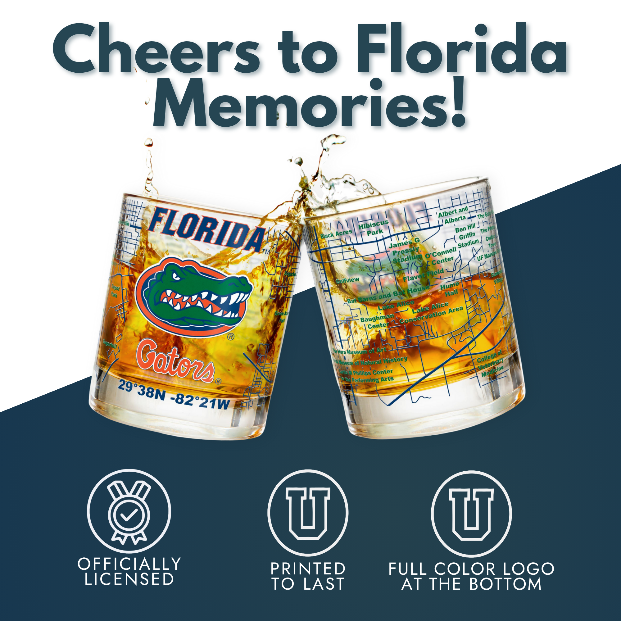 Greenline Goods - Wholesale Cocktail/Liquor Glass - University of Florida Gators College Whiskey Glasses (Set of 2), 10 oz – Full-Color Logo + Campus Map5