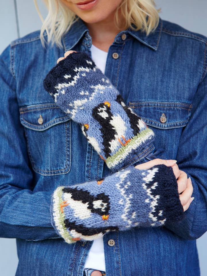 Puffin Bird - Knit Wool Circus of Puffins Fingerless Gloves for wholesale by Pachamama Ltd