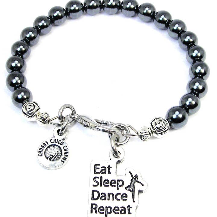 Eat Sleep Dance Repeat Hematite Glass Bracelet Dancer Ballet for wholesale by Chubby Chico Charms
