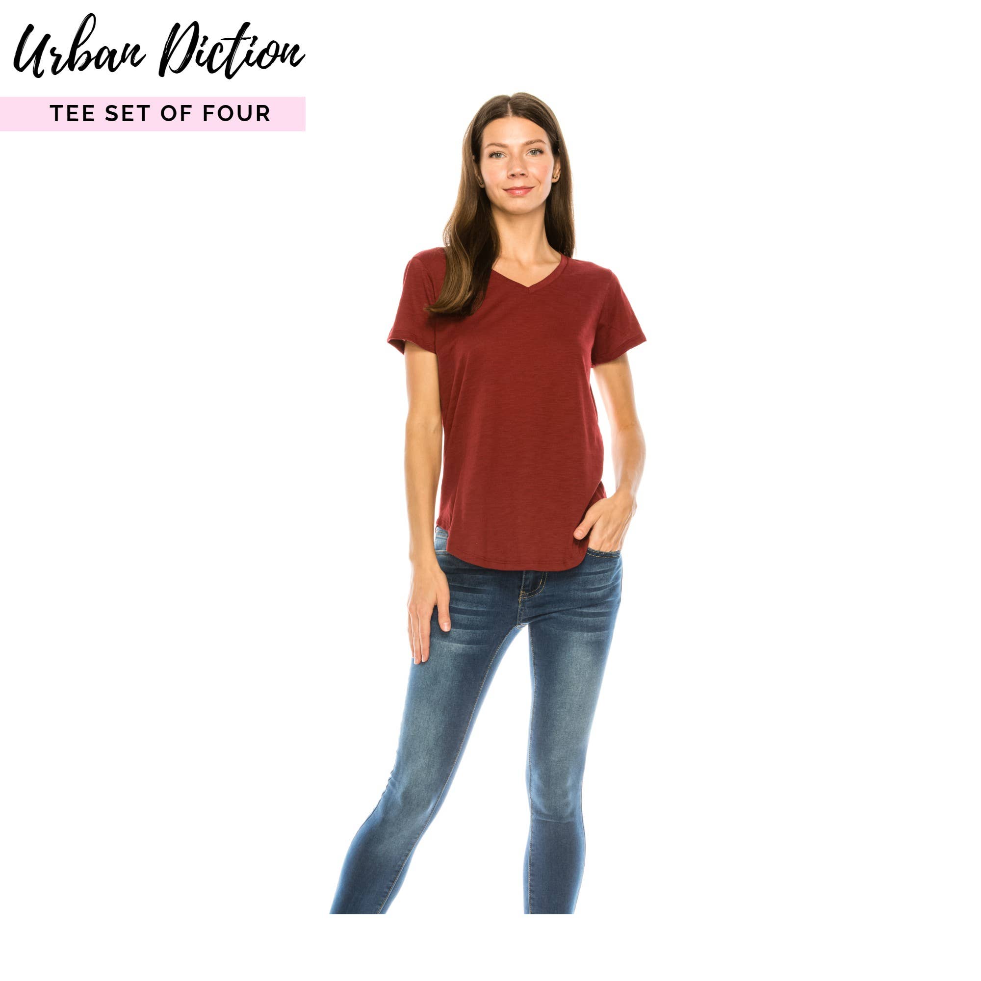 BORDEAUX, ROEST, TAUPE, BRUIN Burgundy & Rust t-shirt met ronde zoom - set van vier voor groothandel op Faire5