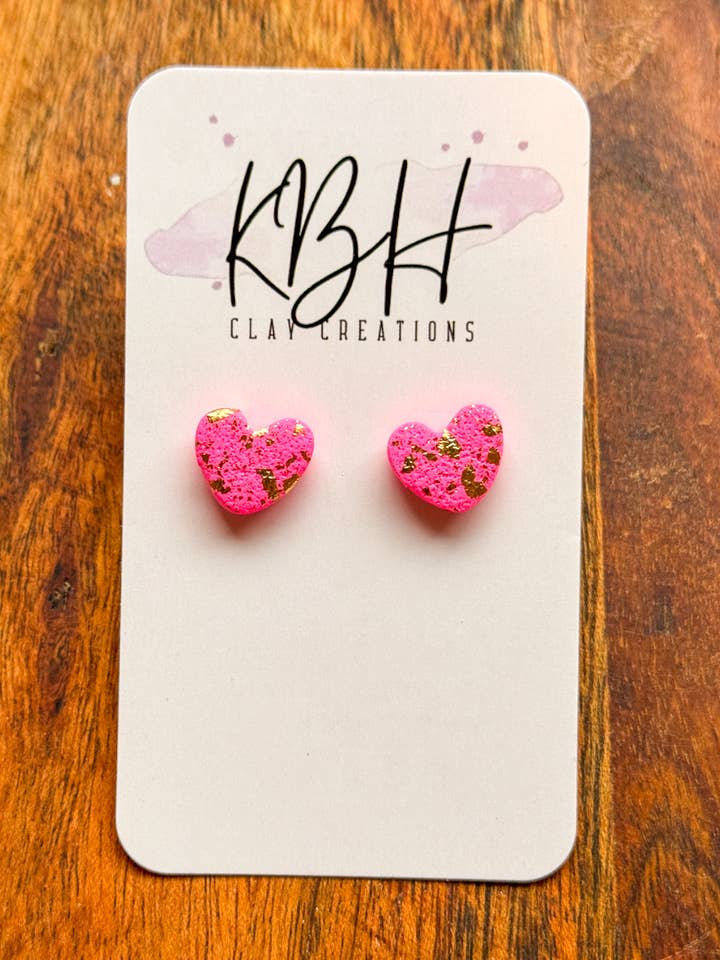 Hot Pink and Gold Heart Stud Clay Earrings for wholesale by KBH CREATIONS