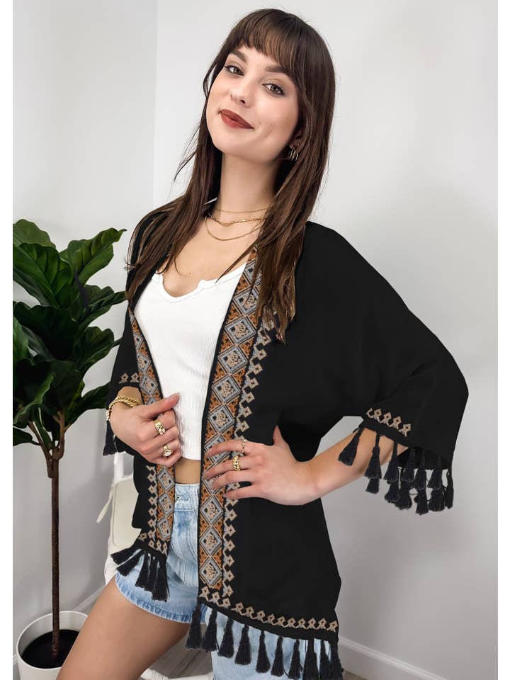 Anna Kaci Wholesale - Wholesale Kimono - Women's - Women's Tribal Kimono Boho Open Front Tassel Cardi8