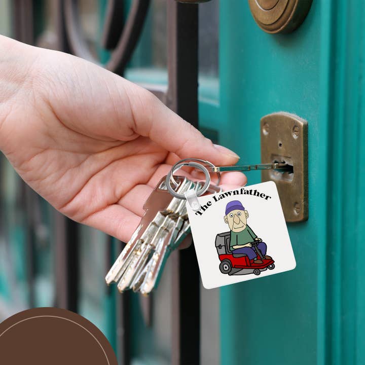 3dRose - Wholesale Keychain - Unisex - 3dRose, Funny Cute Old Man on Riding Lawn Mower the Lawnfather Mowing Pun, Key Chain