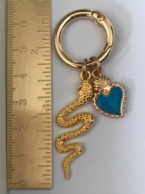 Miss DJ Angel - Wholesale Keychain - Women's - Golden snake charms, heart and snake bag charms, gift for women sacred heart charms, blue heart and snake pendants,4