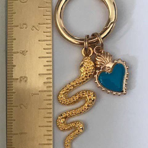 Miss DJ Angel - Wholesale Keychain - Women's - Golden snake charms, heart and snake bag charms, gift for women sacred heart charms, blue heart and snake pendants,4
