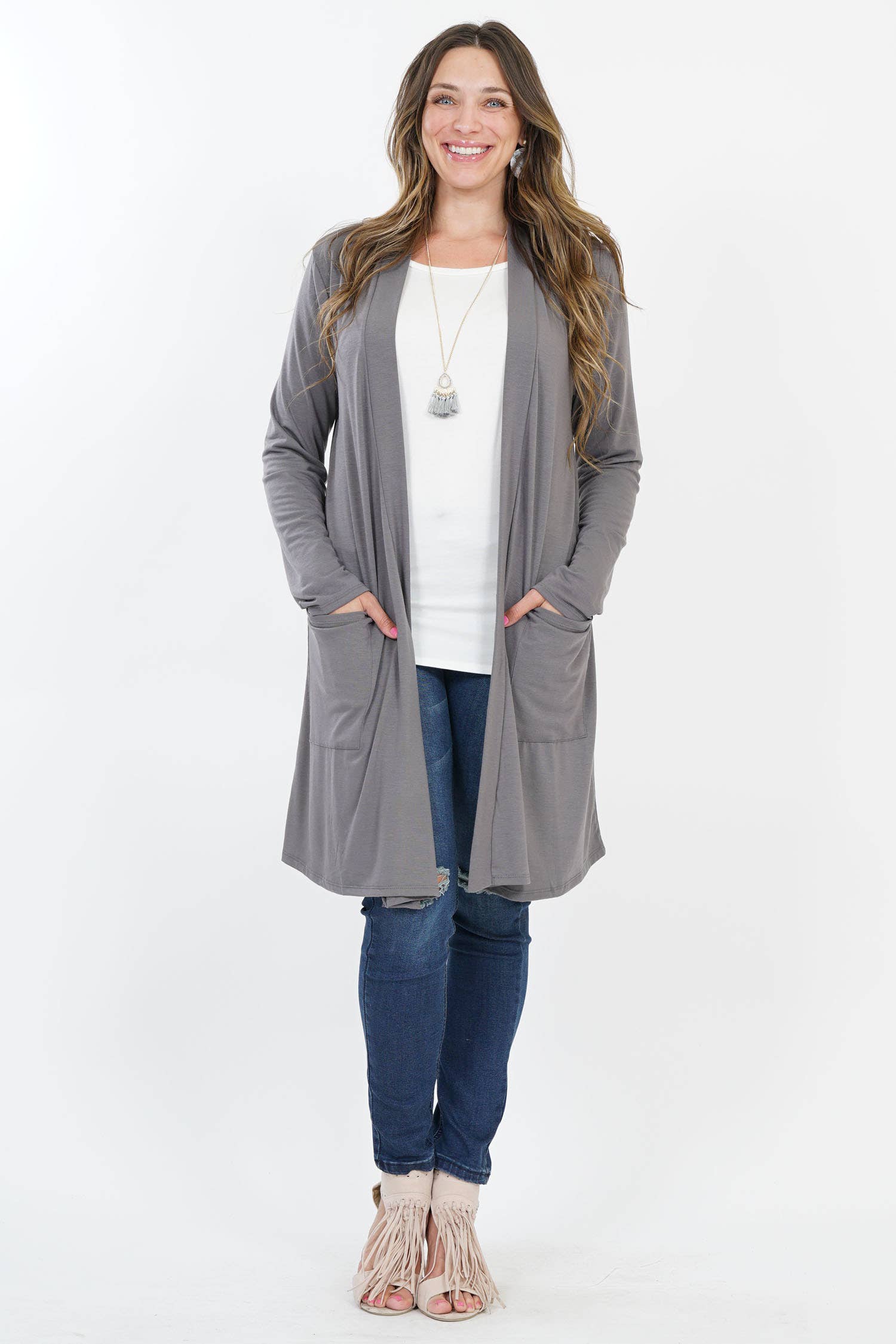 42POPS - Wholesale Cardigan - Women's - ..SI-7552 Plus Knee Length Slouchy Pocket Open Cardigan7