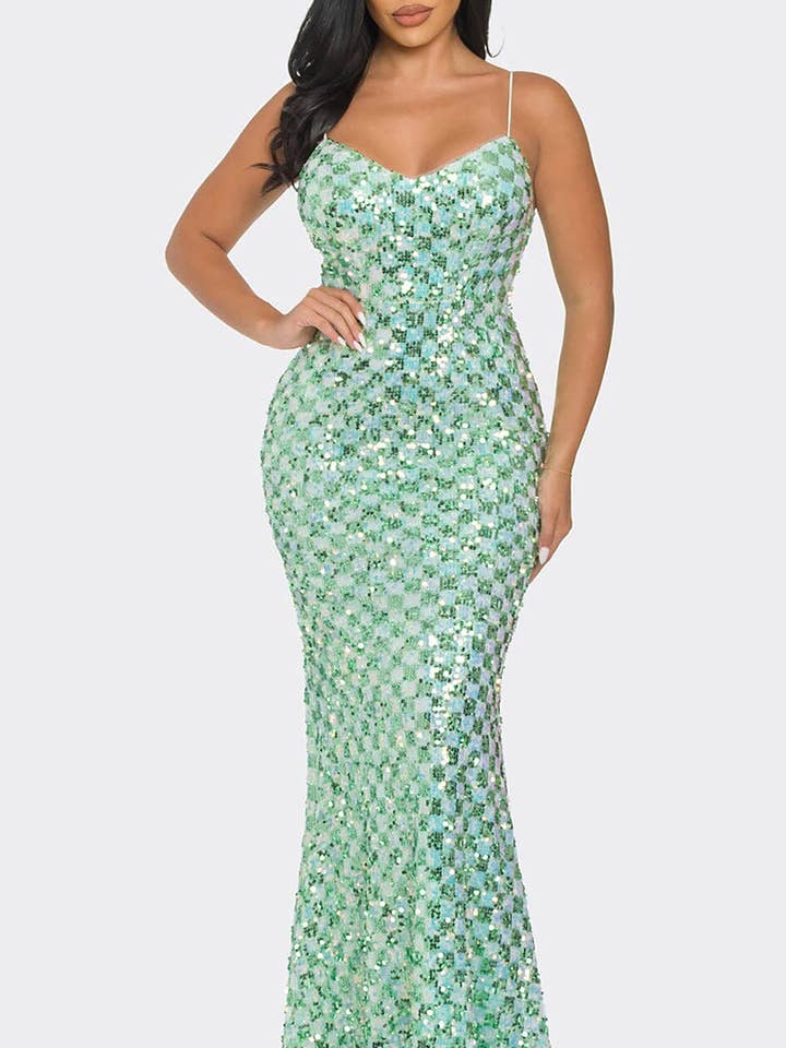 FULLY SEQUINS V NECK BODYCON GOWN MAXI DRESS for wholesale by ROUSSEAU