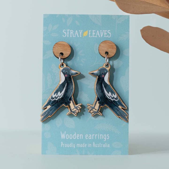 Australian Magpie Australian Bird wooden statement earrings for wholesale by Stray Leaves