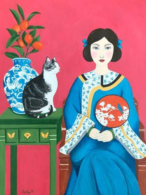 Impressão artística mulher chinesa com gato e chinoiserie azul branco por atacado de Sally B