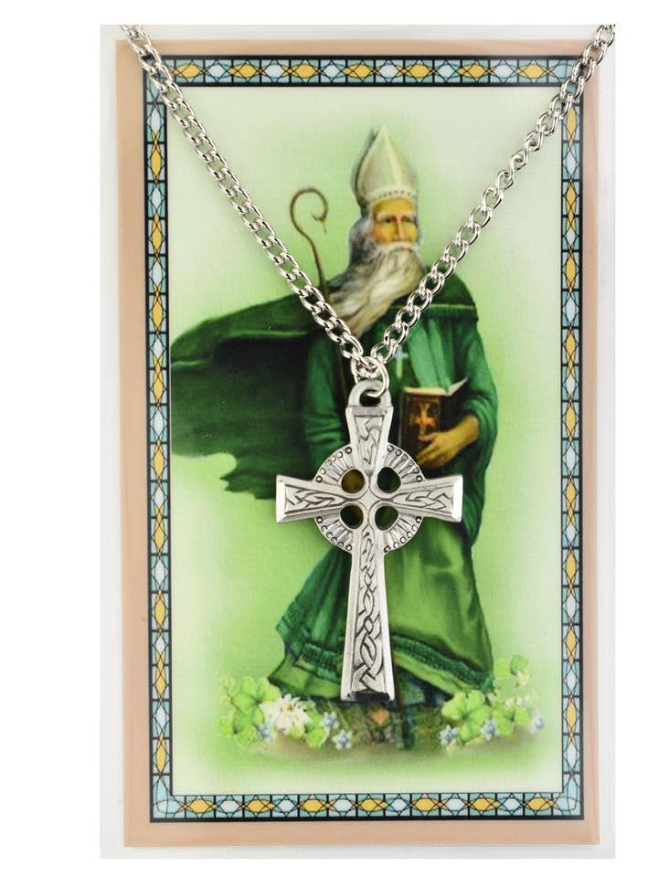 Catholic Religious Men's Pewter Necklace St. Patrick Cross for wholesale by Hail Mary Gifts