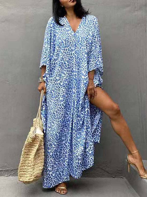 Batwing Sleeves Loose Leopard Split-Side Sun Protection V-Neck Cover-Ups Swimwear Maxi Dresses for wholesale by VividLux