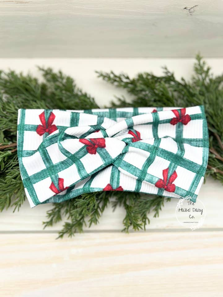 Ribbed Christmas Plaid and Bows Front Knot Headband for wholesale by The Hazel Daisy Co