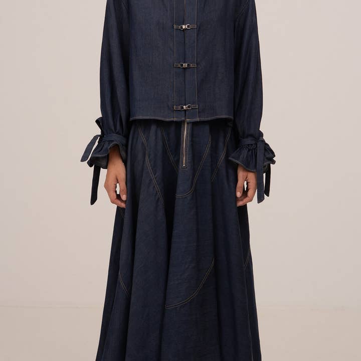 Falda midi azul de paso elevado de mezclilla for wholesale by CARMEN SAYS