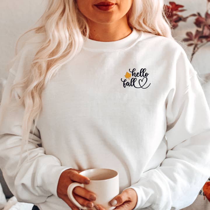 Hello Fall Crewneck Sweatshirt for wholesale by Precious Sewing and Embroidery