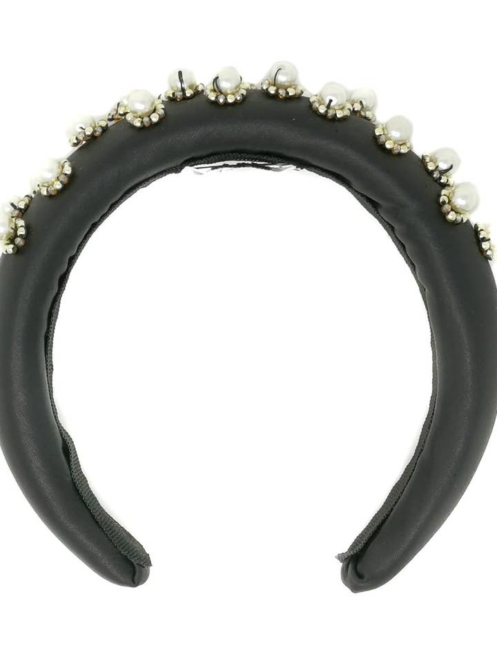 Serre-tête rond en similicuir noir avec perles pour la vente par Tétè Accessories