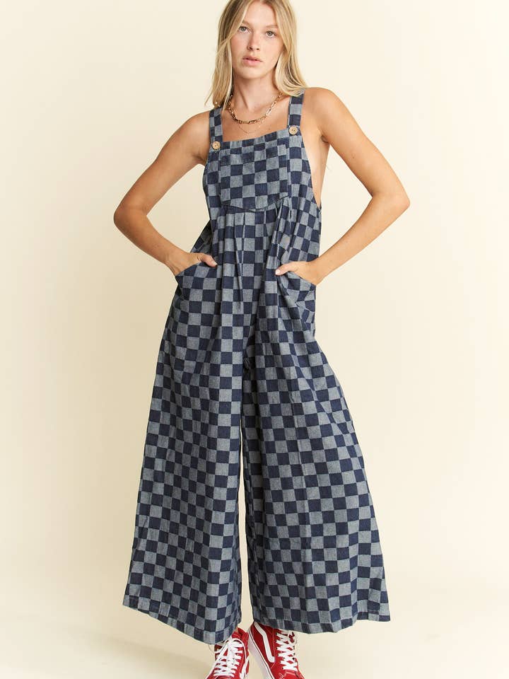 DENIM CKECKERD JUMPSUIT JJS6345 for wholesale on Faire