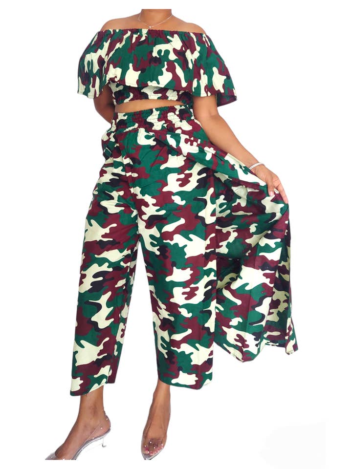 India Batik – Großhandel Set aus Oberteil und Hose (NICHT Loungewear) – Damen – 3012 Set mit Umhang, Hose und Bluse für Damen, Camouflage Grün