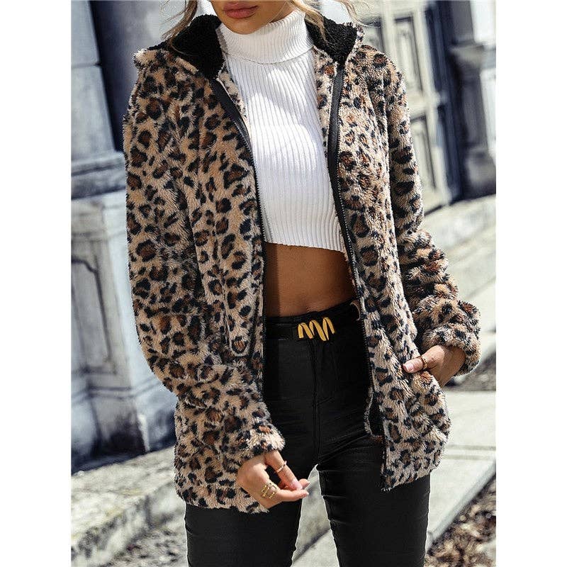 Long Sleeves Hooded Zipper Leopard Printed Outerwear for wholesale on Faire1