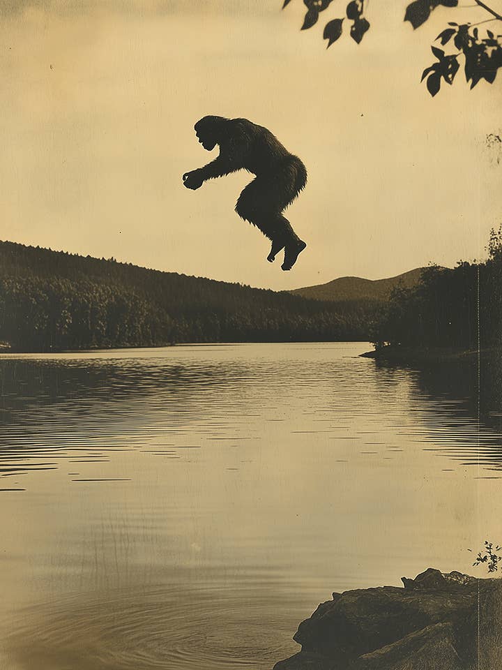 Vintagefoto Bigfoot springt in meer - Bigfoot en Sasquatch muurkunstafdrukken – 8″x10″ kunstwerk in 11″x14″ passe-partout voor wholesale door Mowbi