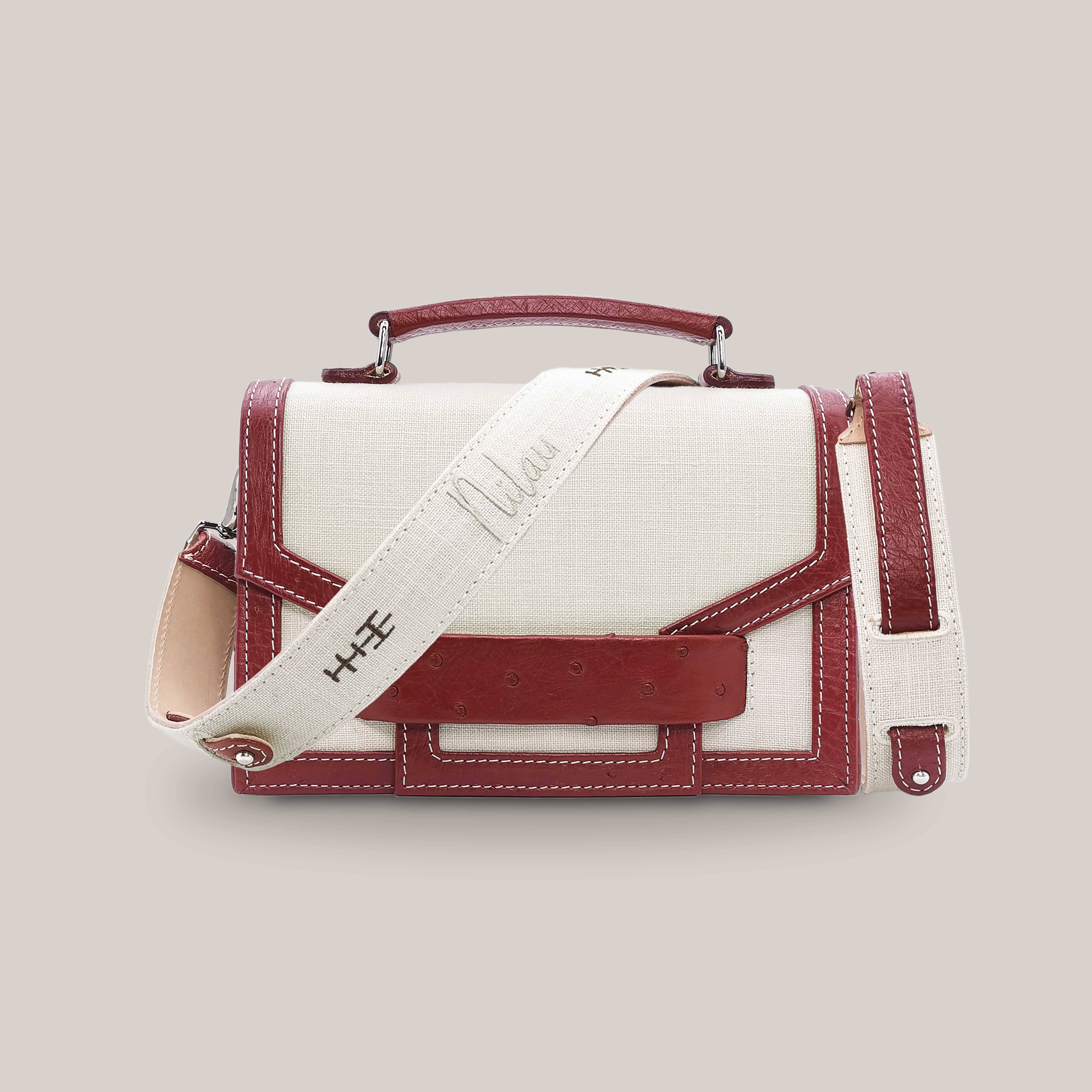 bordeaux Alca Burgundy Ostrich Leather And Linen Flap Bag for wholesale on Faire1