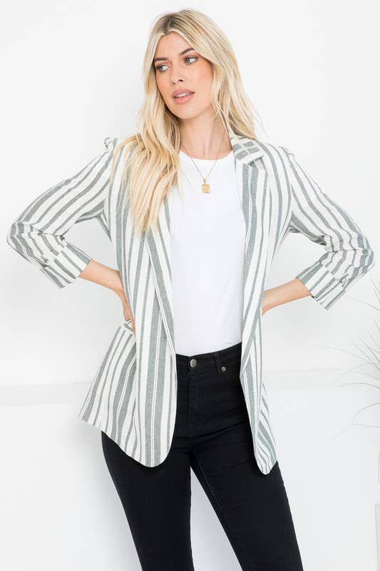 26 International - Wholesale Blazer - Women's - Linen Blend Stripe Roll Up Blazer13