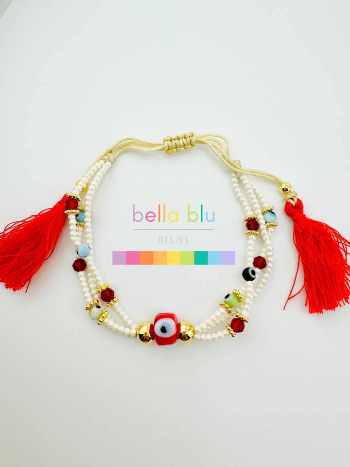 Brazalete de ojo malvado con cuentas rojas en forma de grulla de Payton, chapado en oro de 18 quilates para venta al por mayor de Bella Blu Designs