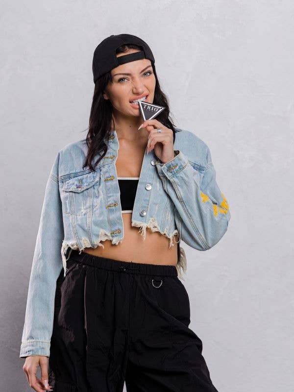 Trio Urban - Vente Veste en jean – femme - Veste courte en jean jaune Smiley Face6