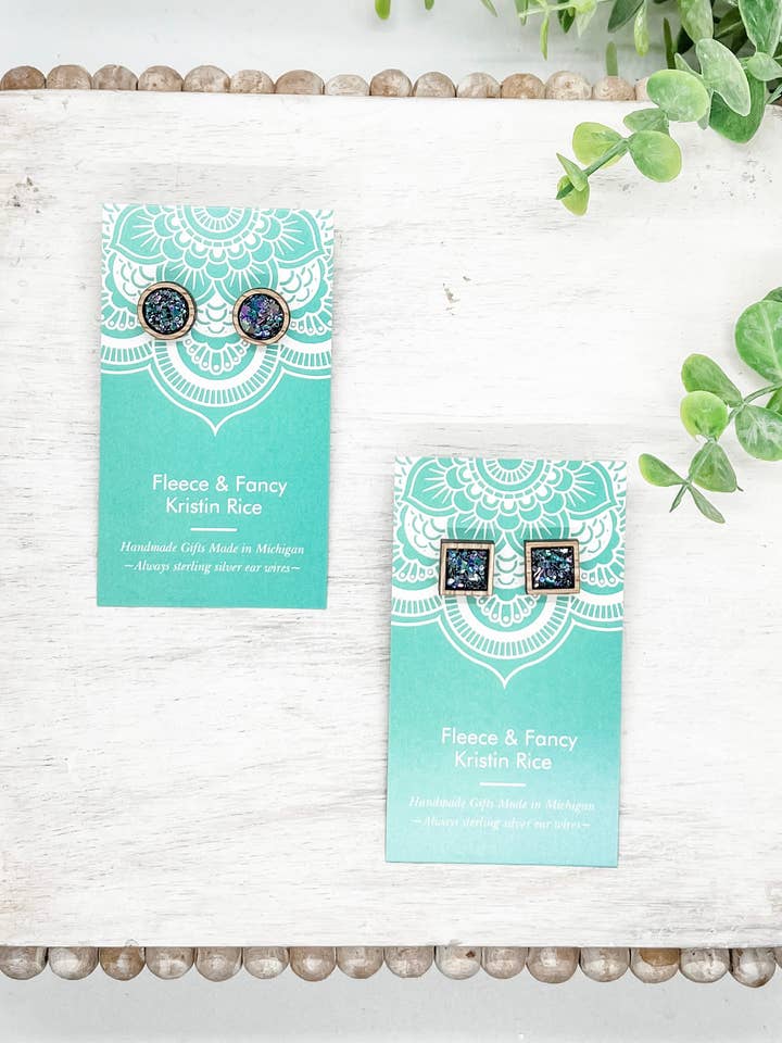 Laser Cut Night Sky Glitter Wood Stud Earrings for wholesale by Fleece & Fancy