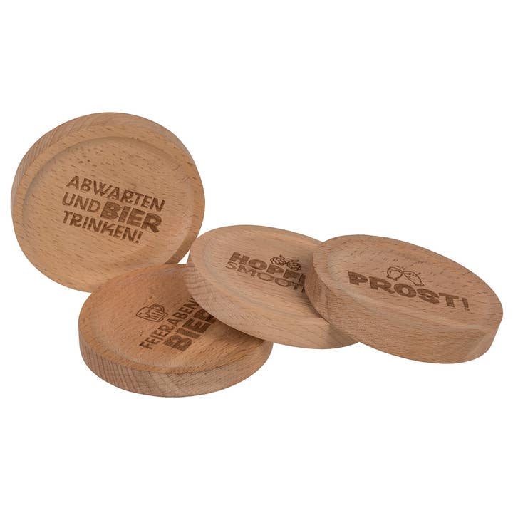 Wurm - Vente Sous-verre - Dessous de verre avec inscription et décapsuleur en bois, 4 fois, naturel (L/H/P) 8x1x8cm 24 pièces en présentoir10