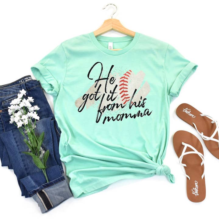 Simply Tees - Wholesale Screen Printed T-Shirt - Women's - He got it From His Momma Baseball Mint Tee