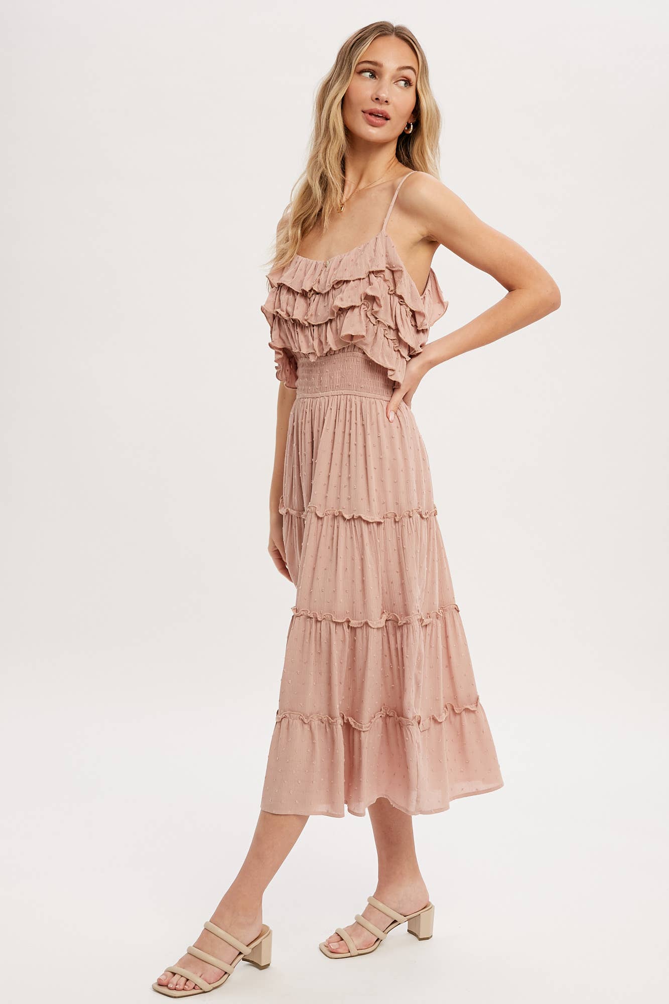 Bluivy – Großhandel Kleid – Damen – GESTUFTES MIDIKLEID MIT SCHWEIZER PUNKTEN UND RÜSCHEN12