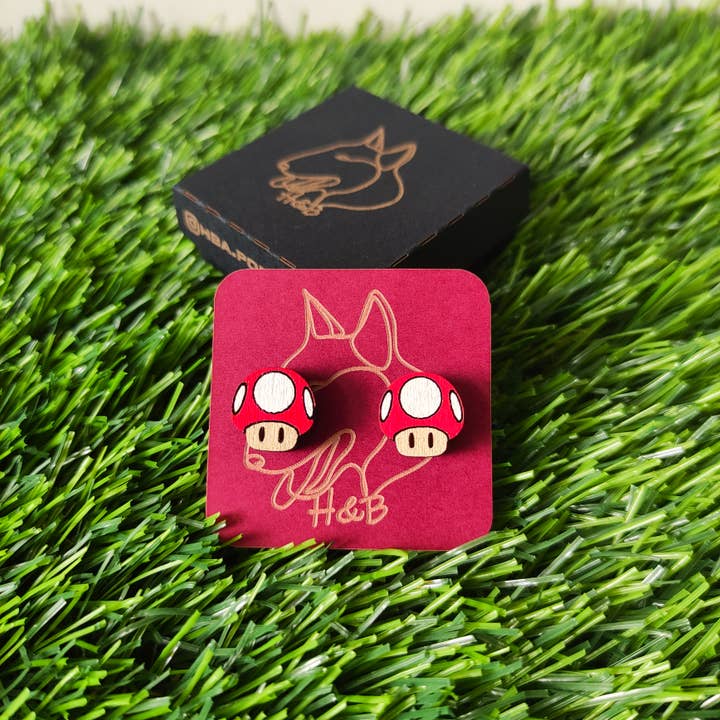 Herbs&Belles - Wholesale Stud/Post Earrings - Wooden Colorful Super Mario Mushroom Earrings Handmade Jewel