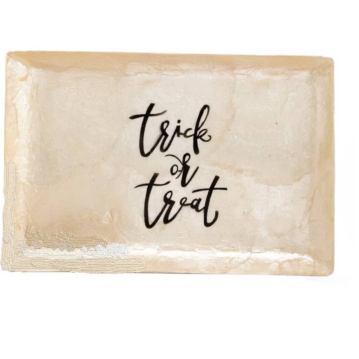 6" Capiz Rectangular Tray - Trick/Treat (Black/White) for wholesale by Dekorasyon Gifts Decor