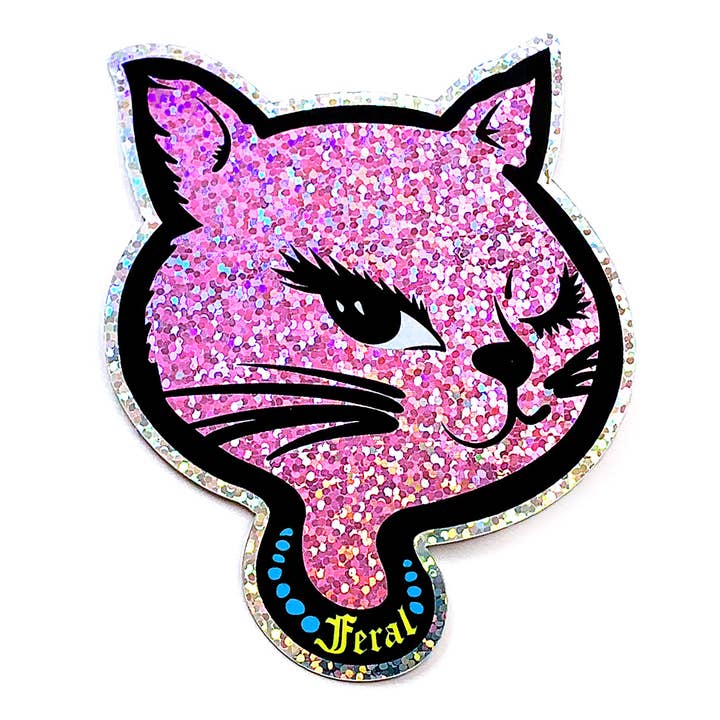 Krystan Saint Cat – wholesale Sticker – Feral 90s Winking Sassy Cat Holographic Glitter Sticker