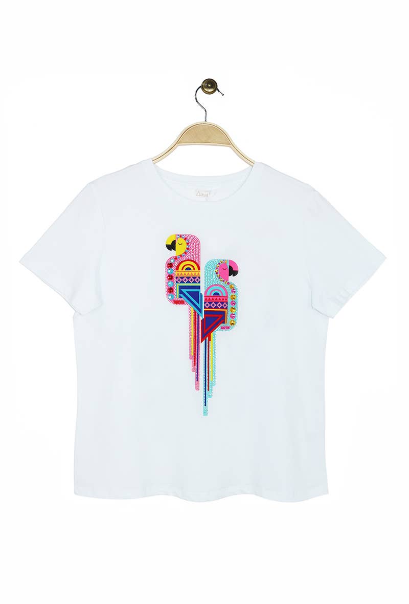 Attrait Paris - Vendita all'ingrosso Maglietta serigrafata - Donna - T-shirt in cotone con stampa grafica di pappagalli colorati6