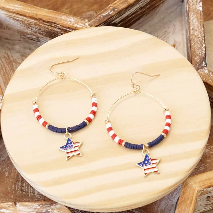 PennyLine inc - Wholesale Dangle Earrings - 4th of July Dangle Hoop Earrings Red White Blue