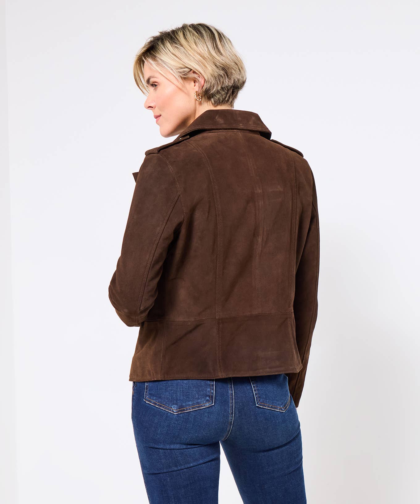 Chocolate Super Soft Suede Collared Biker Jacket for wholesale on Faire4