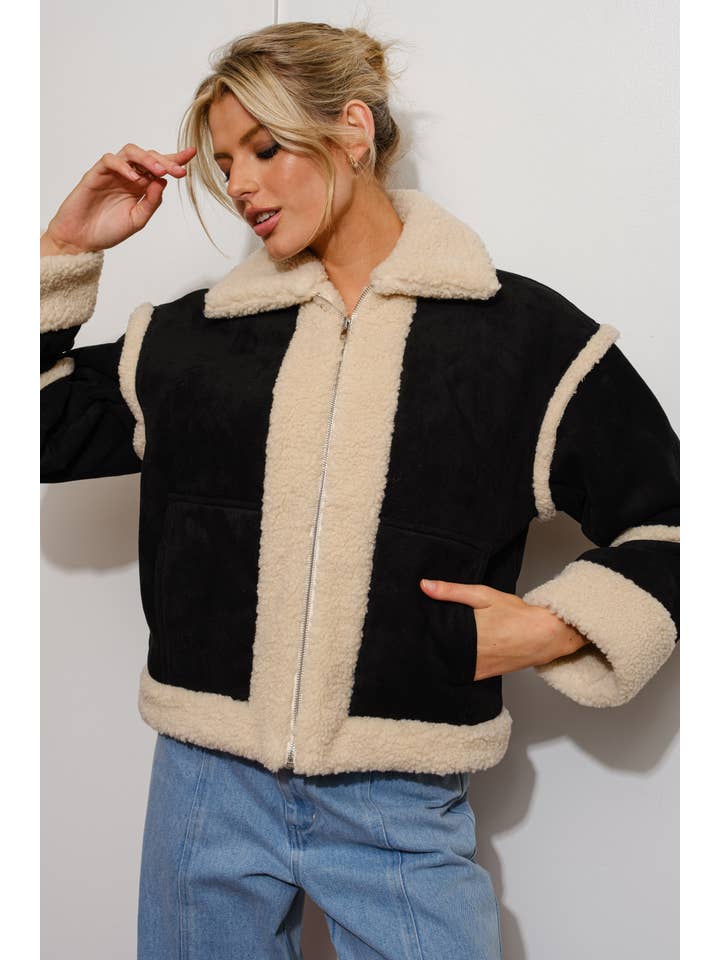 Black SUEDE SHEARLING JACKET for wholesale on Faire