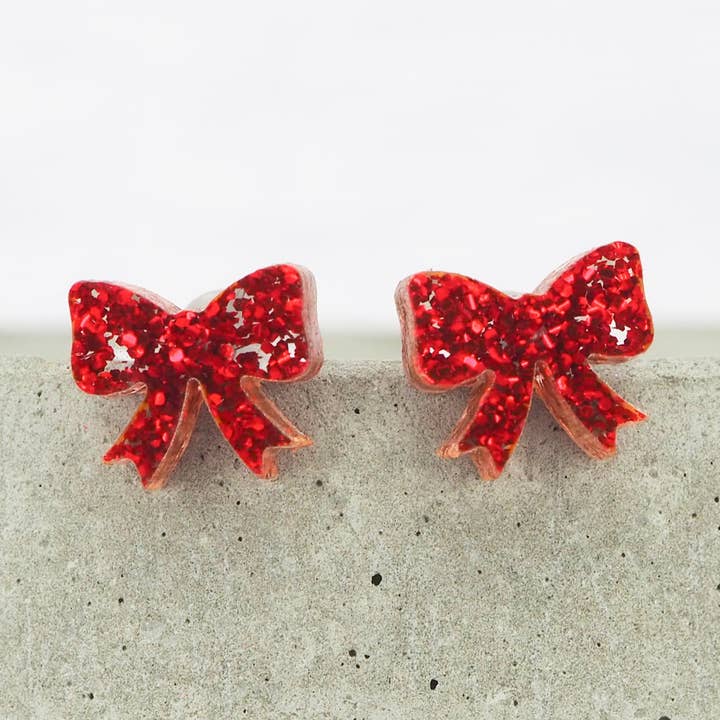 Small Red glitter bow studs for wholesale by MadebyJenWren
