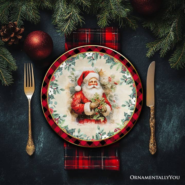 OrnamentallyYou - Wholesale Dinnerware Set - Holiday Cheer Set of 4 Plates with Real Gold Plaid Trim4