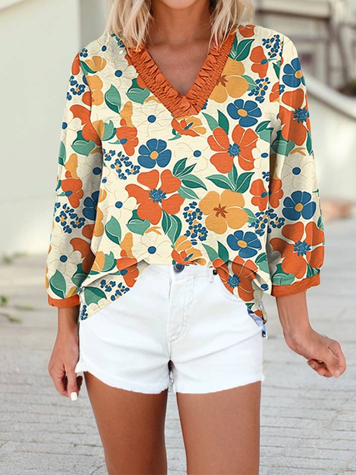 Orange Frilled V Neck Floral Print Bracelet Sleeve Blouse for wholesale on Faire