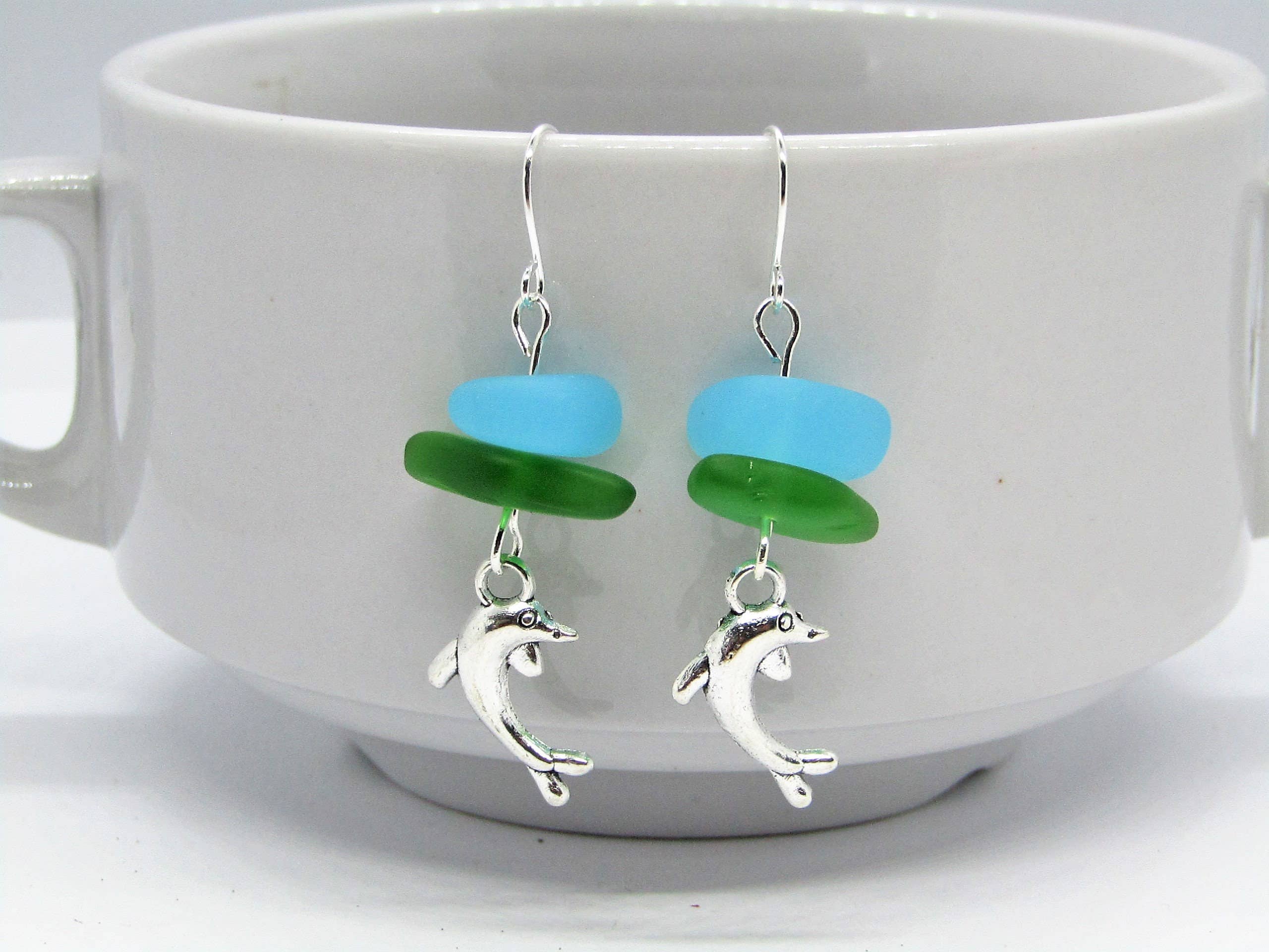 Bad Apple Designs - Wholesale Dangle Earrings - Sea Glass Dolphin Earrings: Sterling Silver, Beach Jewelry3