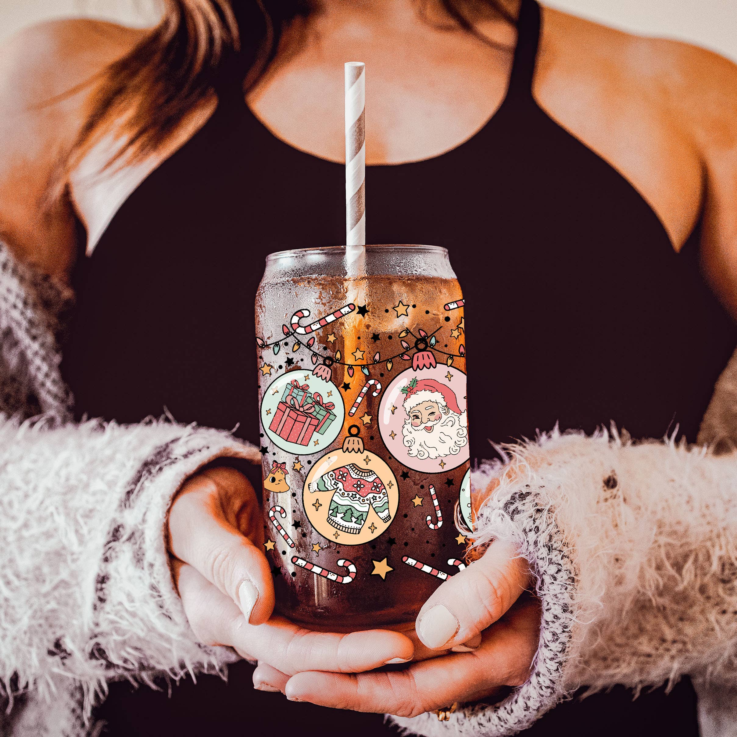 Gia Roma - Venta al por mayor Vaso/copa - Tazas de cristal para café navideñas con pajitas y tapa de madera, diseño de copos de nieve18