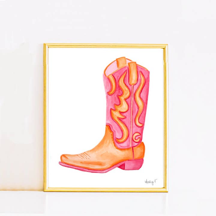 Print | Hot Pink & Orange Cowboy Boot Watercolor | Coastal Cowgirl Southern Rustic Western Colorful Fun Dorm Room Poster Decor for wholesale by Shop Art by Audrey