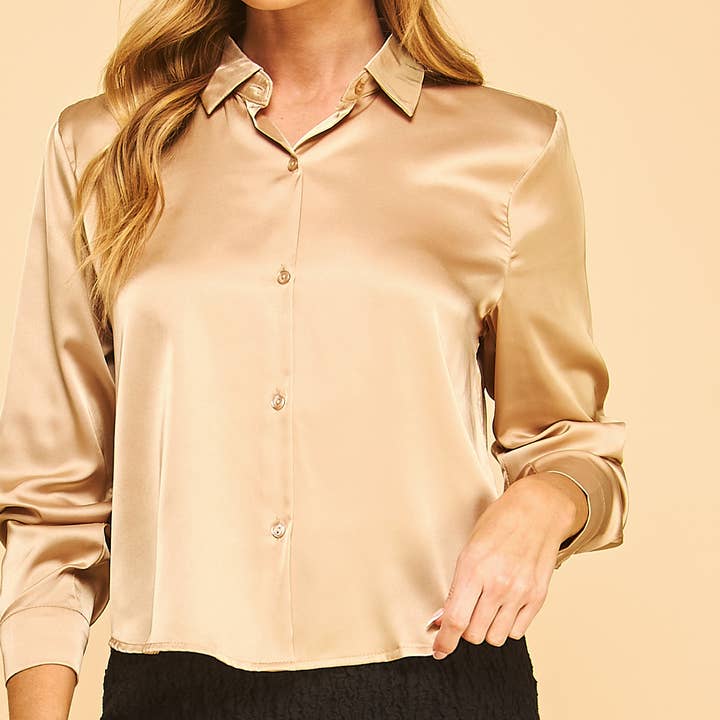 FREEZIA - Wholesale Button Down Shirt - Women's - BUTTON DOWN CROPPED LONG SLEEVE SATIN BLOUSE SHIRT-F7632612