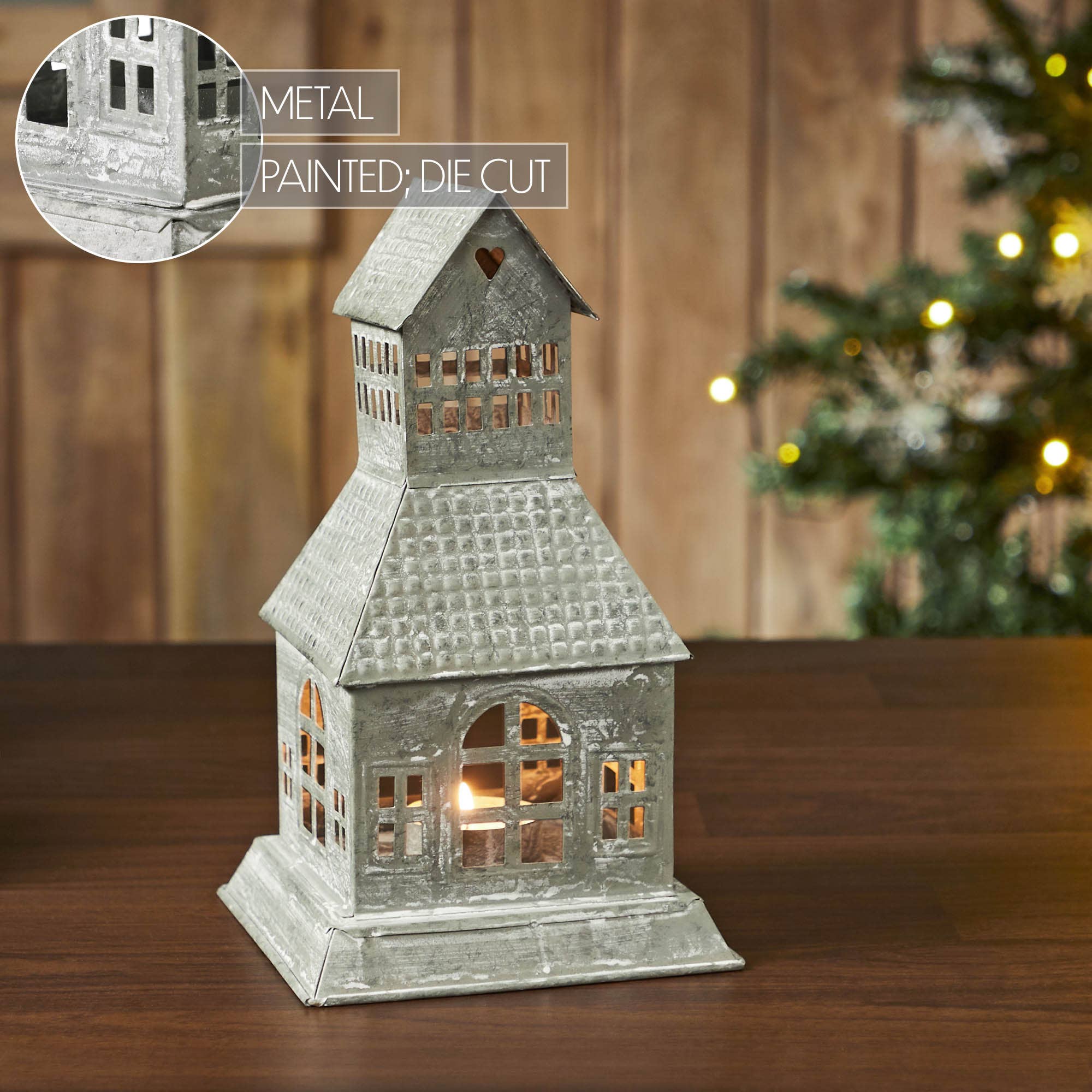 VHC Brands - Vente Bougeoirs - Photophore en métal Village House A gris antique 9,5x5,5x5,55