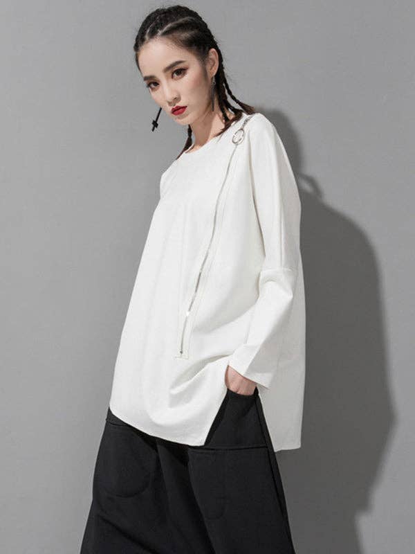 Sheer Trend - Wholesale Tunic - Women's - Black&White Asymmetric Zipper Split-Joint Loose T-Shirt Tops2
