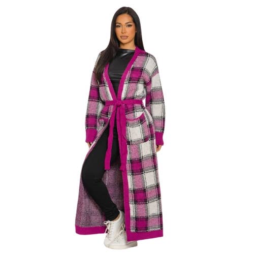 LOVE SENSE - Venta al por mayor Cárdigan - Mujer - CÁRDIGAN DE PUNTO A CUADROS CON CINTURÓN1