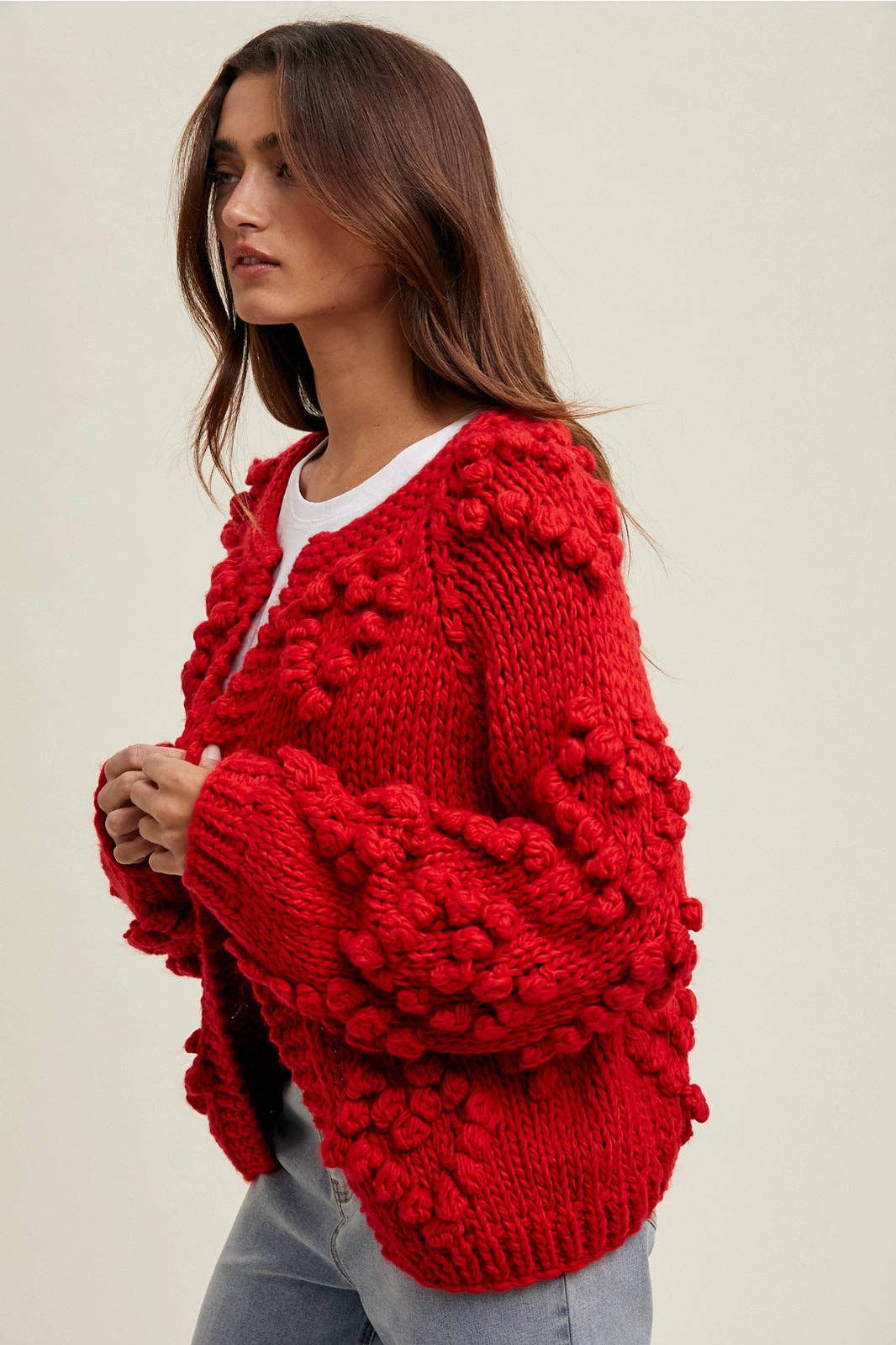 Red Wishlist Apparel Pom Heart Cardigan for wholesale on Faire1