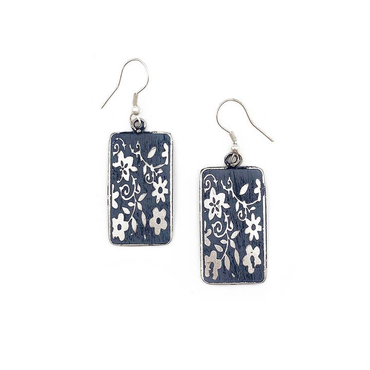 Anju Jewelry - Wholesale Dangle Earrings - Silver Patina Earrings - Blue Small Floral Rectangle